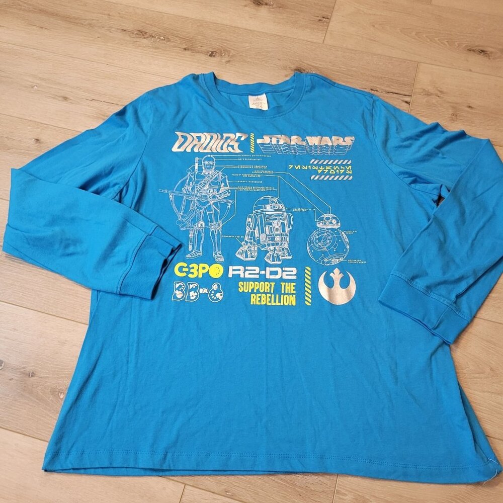 Disney Star Wars Blue Long Sleeve Shirt R2D2 C3PO Fandom Sz XLarge